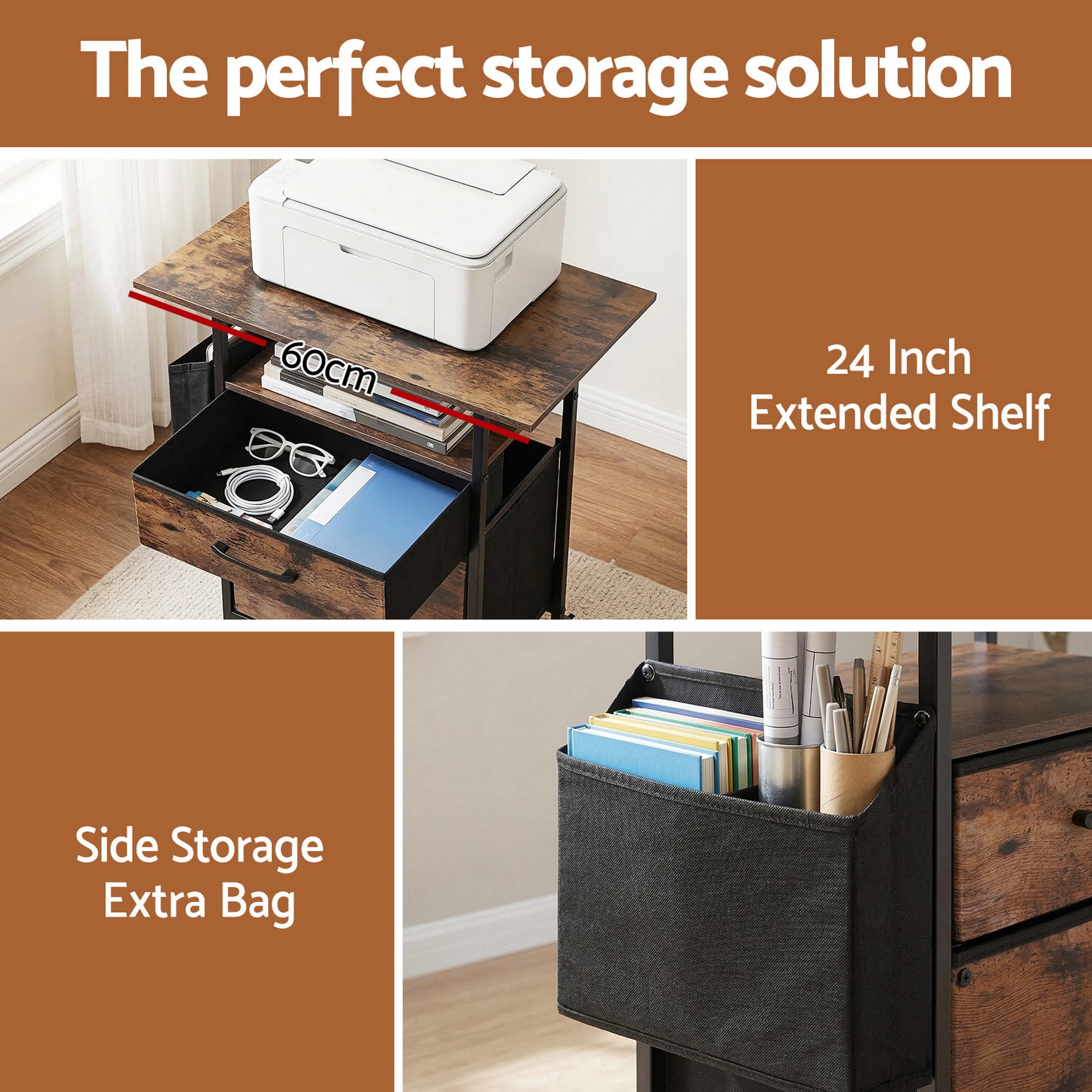 Artiss 2 Fabric Drawer File Cabinet Printer Stand Rolling File Cabinet with Side Bag - Image 5