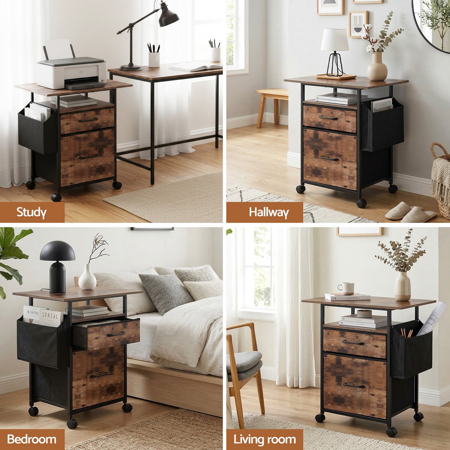Artiss 2 Fabric Drawer File Cabinet Printer Stand Rolling File Cabinet with Side Bag - Image 8