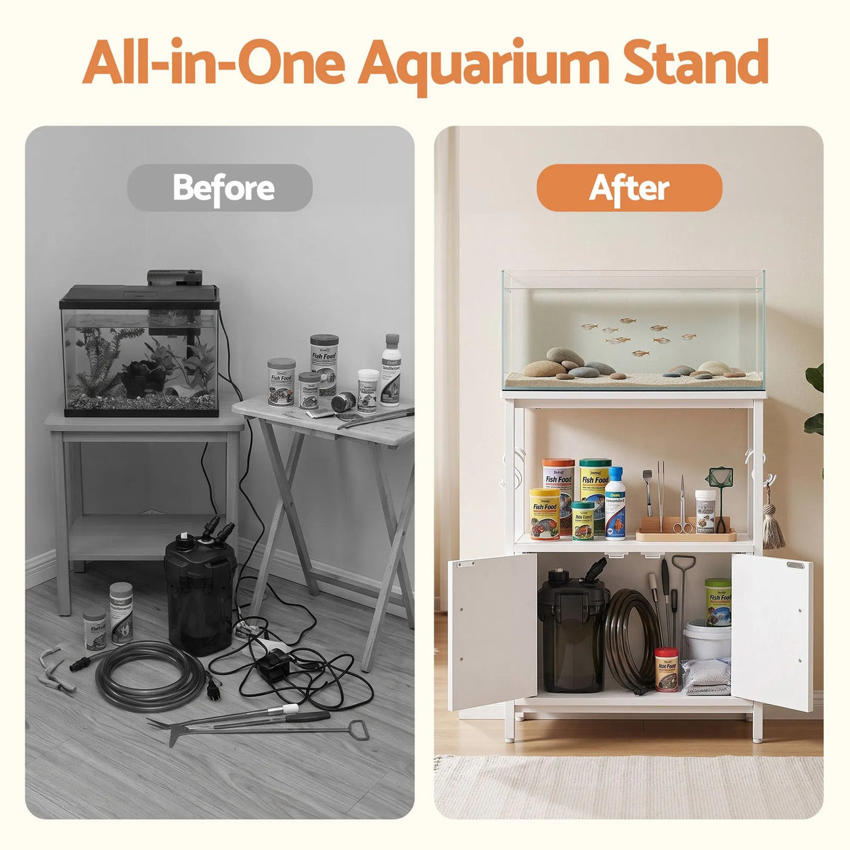 Artiss 20 Gallon Fish Tank Stand 3-Tier Aquarium Stand with Storage Cabinet and Open Shelf White - Image 7