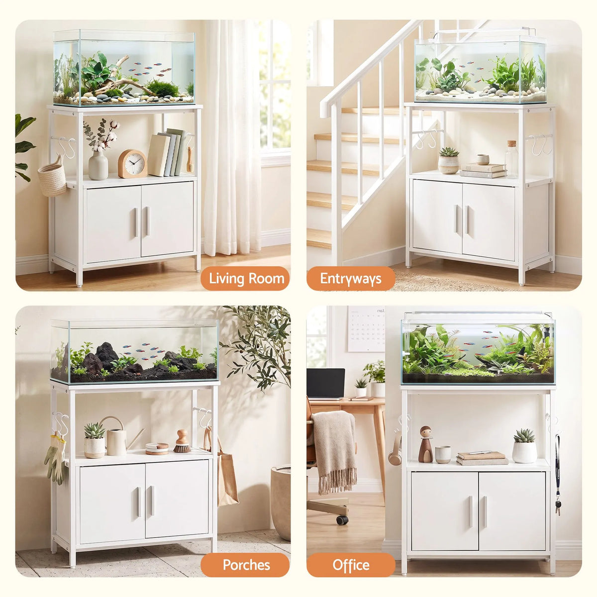 Artiss 20 Gallon Fish Tank Stand 3-Tier Aquarium Stand with Storage Cabinet and Open Shelf White - Image 8