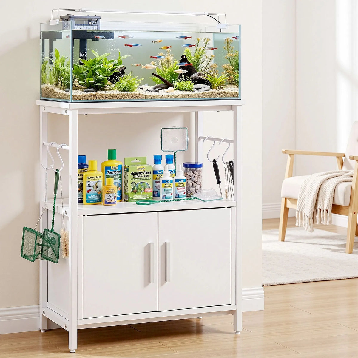 Artiss 20 Gallon Fish Tank Stand 3-Tier Aquarium Stand with Storage Cabinet and Open Shelf White - Image 9