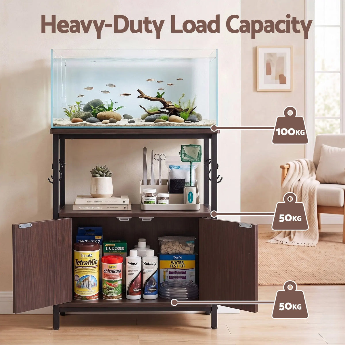 Artiss 20 Gallon Fish Tank Stand 3-Tier Aquarium Stand with Storage Cabinet and Open Shelf Walnut - Image 5
