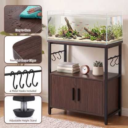 Artiss 20 Gallon Fish Tank Stand 3-Tier Aquarium Stand with Storage Cabinet and Open Shelf Walnut - Image 6