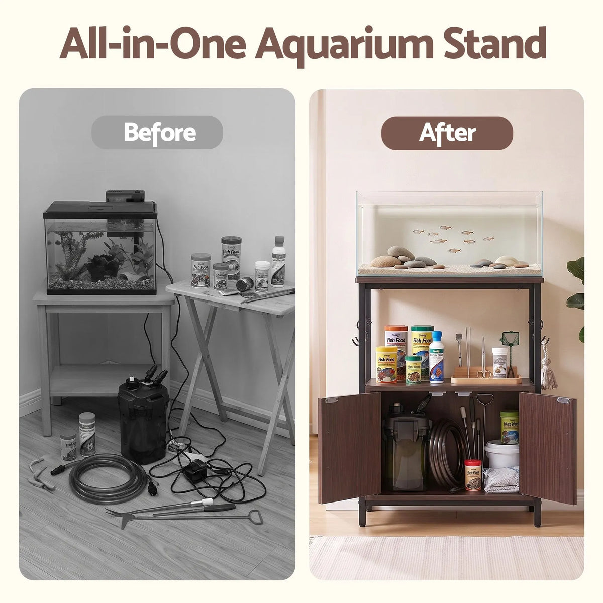 Artiss 20 Gallon Fish Tank Stand 3-Tier Aquarium Stand with Storage Cabinet and Open Shelf Walnut - Image 7