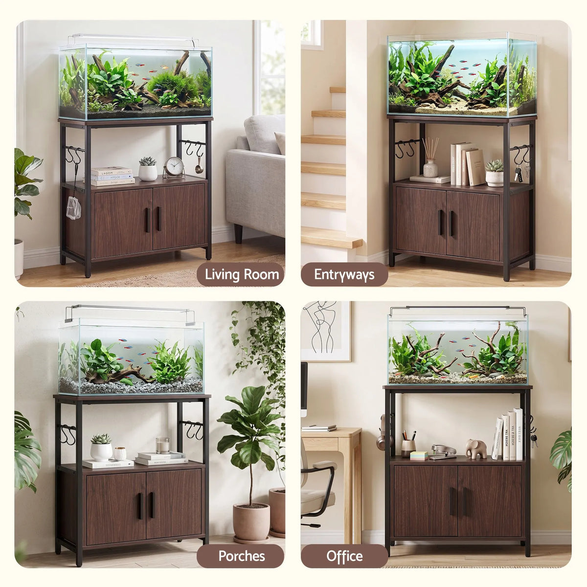Artiss 20 Gallon Fish Tank Stand 3-Tier Aquarium Stand with Storage Cabinet and Open Shelf Walnut - Image 8