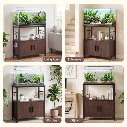 Artiss 20 Gallon Fish Tank Stand 3-Tier Aquarium Stand with Storage Cabinet and Open Shelf Walnut - Image 8