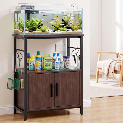Artiss 20 Gallon Fish Tank Stand 3-Tier Aquarium Stand with Storage Cabinet and Open Shelf Walnut - Image 9