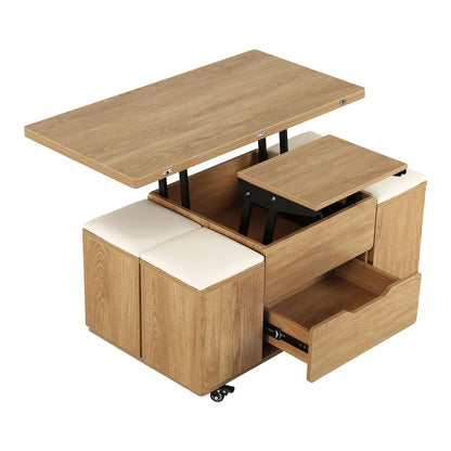 Fittro 3-in-1 Lift Top Coffee Table with 4 Chairs, Dining Table Work Desk Built-in Storage, Hydraulic Swivel, Lockable Castors, Space-Saving for Living Rooms & Flats, Apartments - Image 3