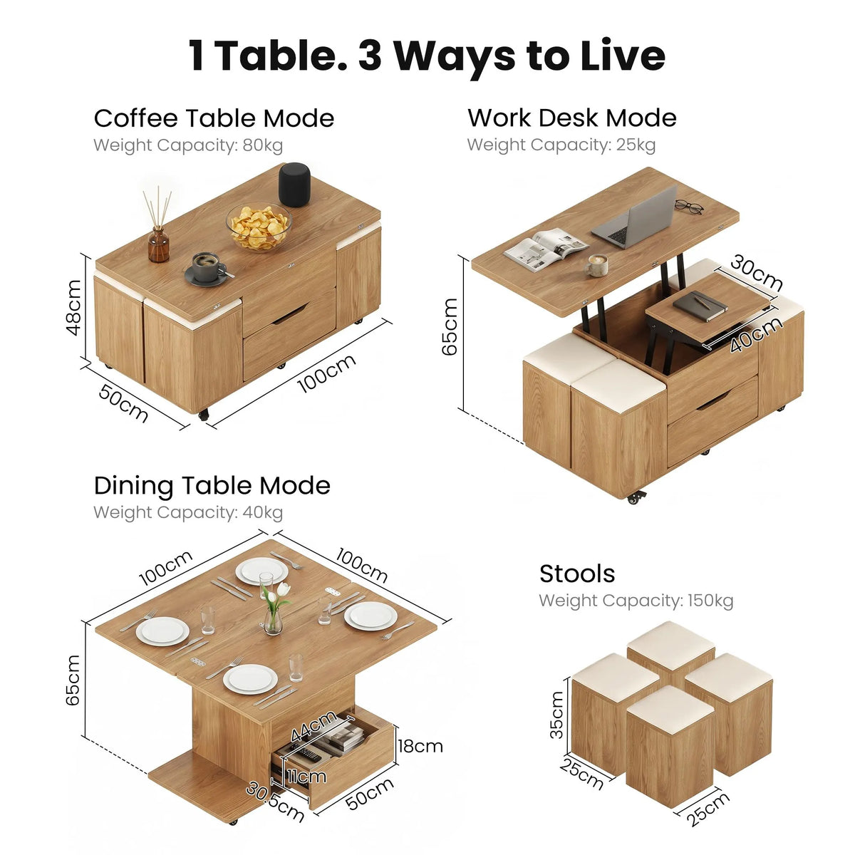 Fittro 3-in-1 Lift Top Coffee Table with 4 Chairs, Dining Table Work Desk Built-in Storage, Hydraulic Swivel, Lockable Castors, Space-Saving for Living Rooms & Flats, Apartments - Image 4