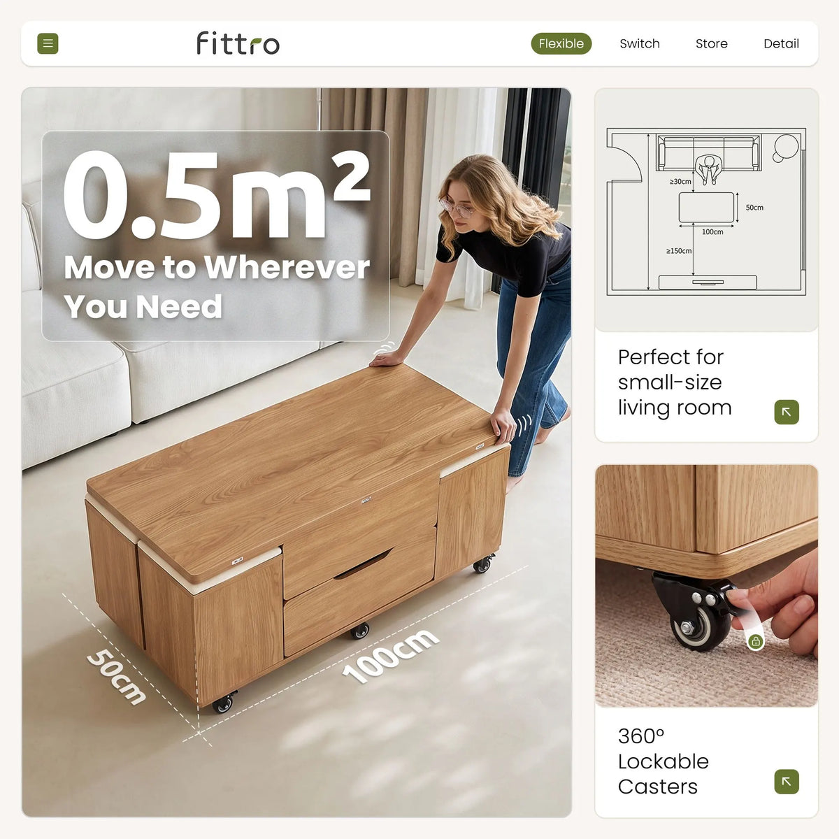 Fittro 3-in-1 Lift Top Coffee Table with 4 Chairs, Dining Table Work Desk Built-in Storage, Hydraulic Swivel, Lockable Castors, Space-Saving for Living Rooms & Flats, Apartments - Image 5