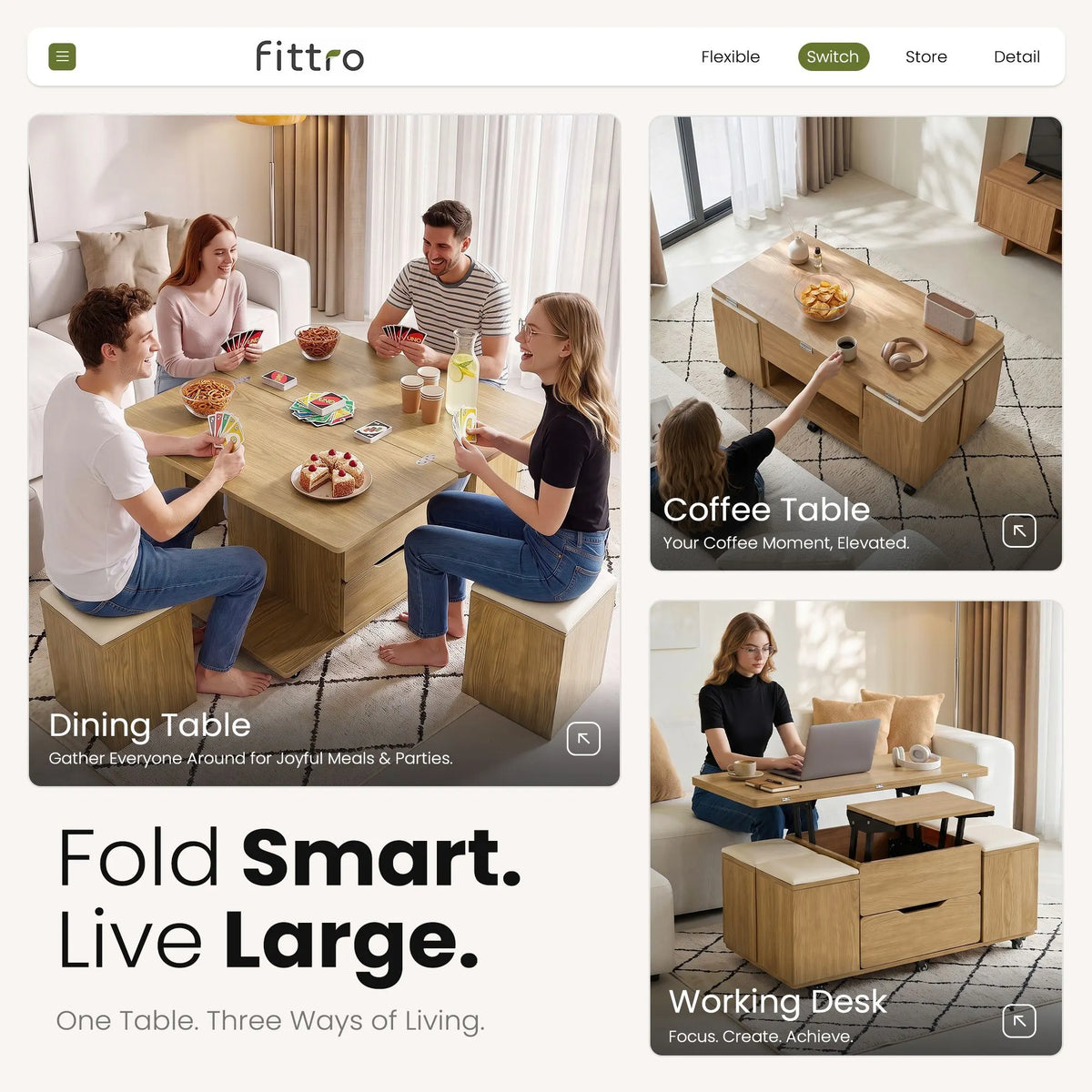 Fittro 3-in-1 Lift Top Coffee Table with 4 Chairs, Dining Table Work Desk Built-in Storage, Hydraulic Swivel, Lockable Castors, Space-Saving for Living Rooms & Flats, Apartments - Image 6