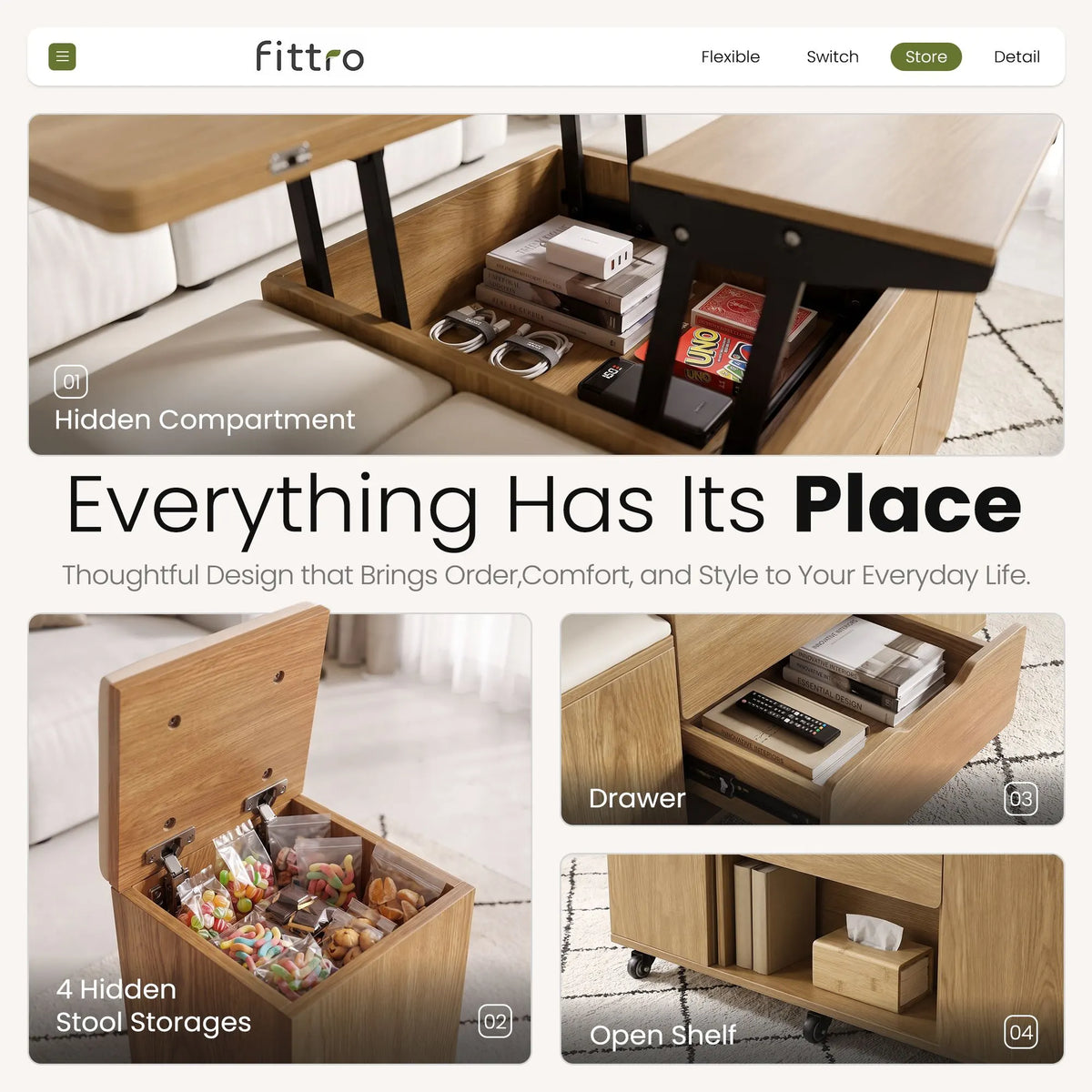 Fittro 3-in-1 Lift Top Coffee Table with 4 Chairs, Dining Table Work Desk Built-in Storage, Hydraulic Swivel, Lockable Castors, Space-Saving for Living Rooms & Flats, Apartments - Image 7