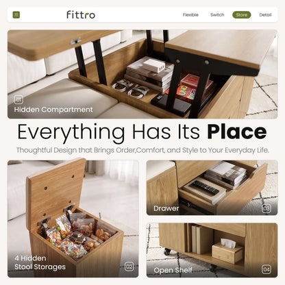 Fittro 3-in-1 Lift Top Coffee Table with 4 Chairs, Dining Table Work Desk Built-in Storage, Hydraulic Swivel, Lockable Castors, Space-Saving for Living Rooms & Flats, Apartments - Image 7
