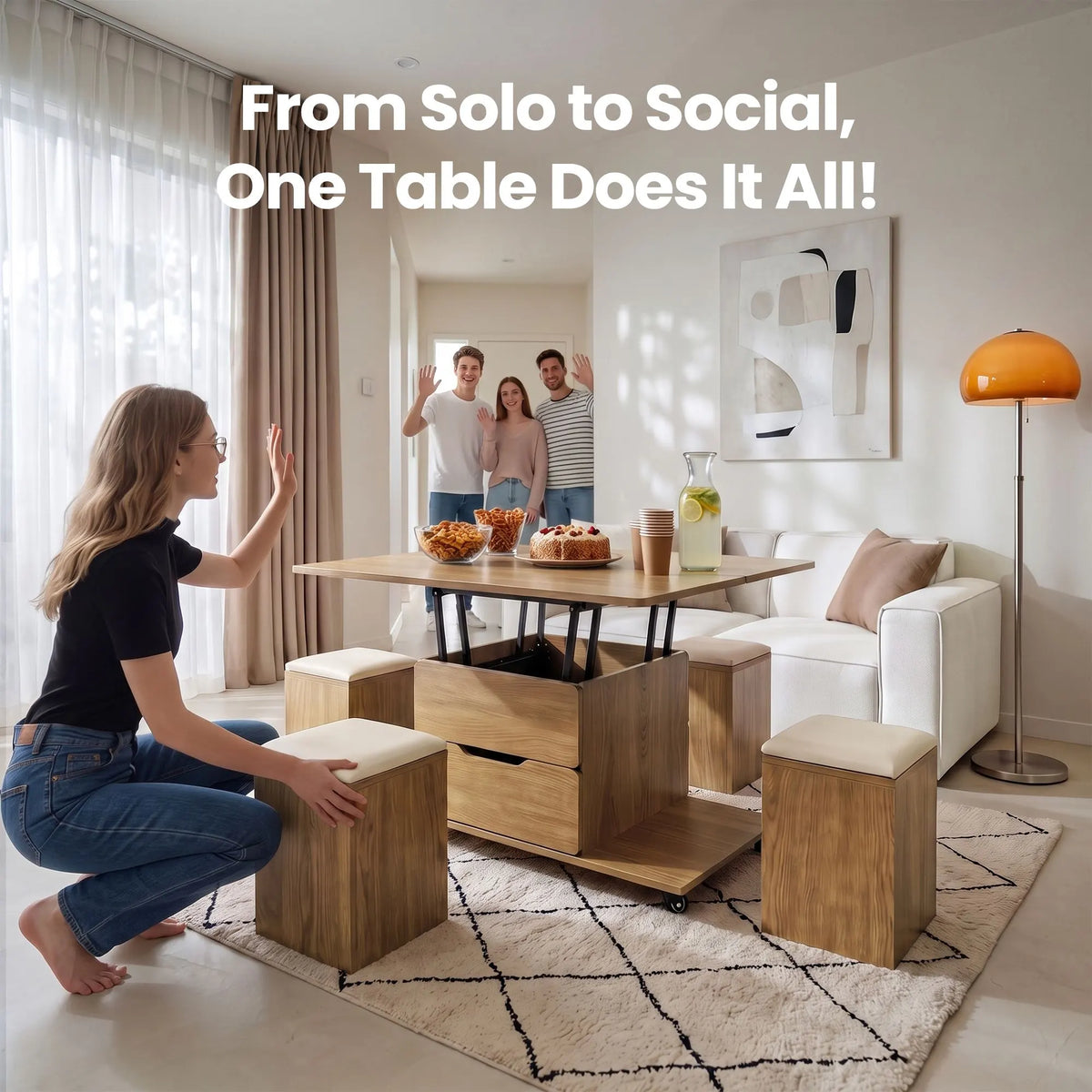 Fittro 3-in-1 Lift Top Coffee Table with 4 Chairs, Dining Table Work Desk Built-in Storage, Hydraulic Swivel, Lockable Castors, Space-Saving for Living Rooms & Flats, Apartments - Image 9