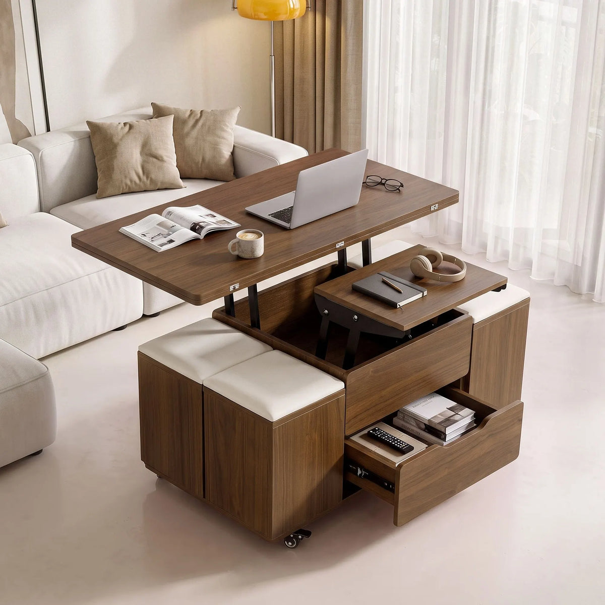Fittro 3-in-1 Lift Top Coffee Table with 4 Chairs, Dining Table Work Desk Built-in Storage, Hydraulic Swivel, Lockable Castors, Space-Saving for Living Rooms & Flats, Apartments