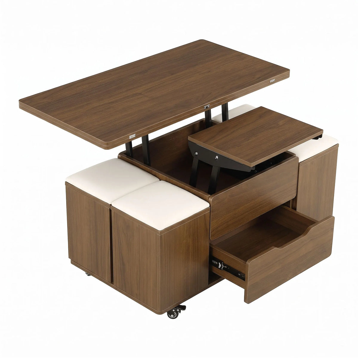 Fittro 3-in-1 Lift Top Coffee Table with 4 Chairs, Dining Table Work Desk Built-in Storage, Hydraulic Swivel, Lockable Castors, Space-Saving for Living Rooms & Flats, Apartments  - Image 2