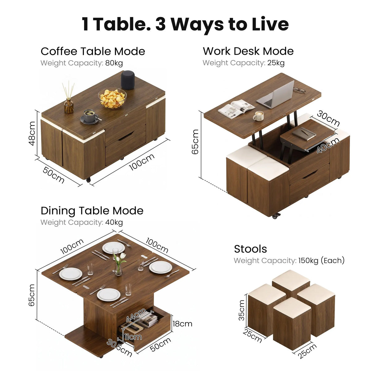 Fittro 3-in-1 Lift Top Coffee Table with 4 Chairs, Dining Table Work Desk Built-in Storage, Hydraulic Swivel, Lockable Castors, Space-Saving for Living Rooms & Flats, Apartments  - Image 4