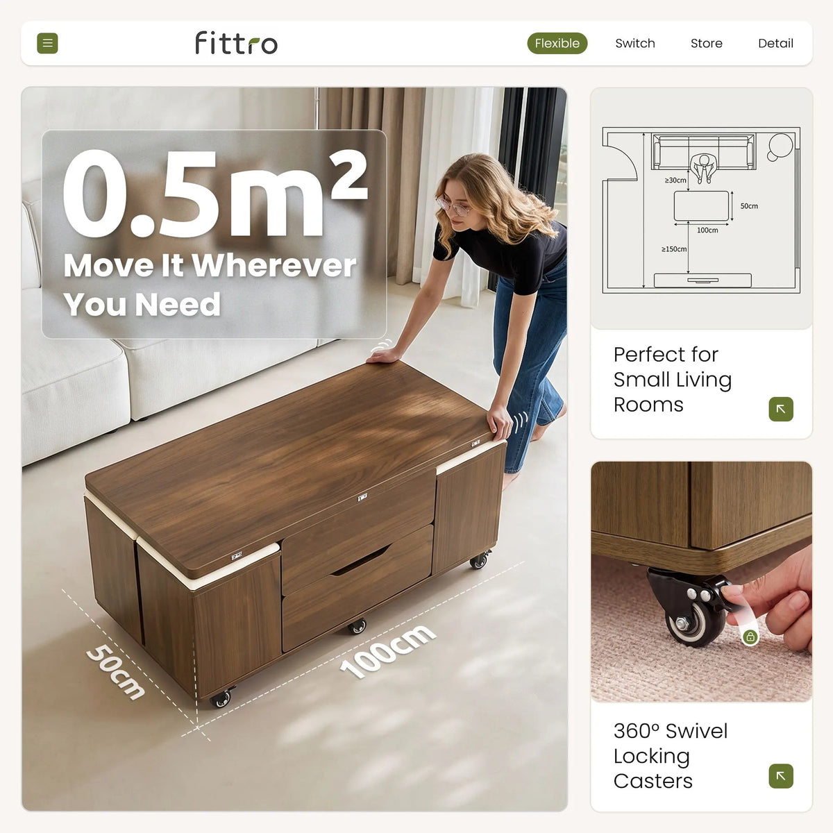 Fittro 3-in-1 Lift Top Coffee Table with 4 Chairs, Dining Table Work Desk Built-in Storage, Hydraulic Swivel, Lockable Castors, Space-Saving for Living Rooms & Flats, Apartments  - Image 5