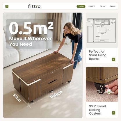 Fittro 3-in-1 Lift Top Coffee Table with 4 Chairs, Dining Table Work Desk Built-in Storage, Hydraulic Swivel, Lockable Castors, Space-Saving for Living Rooms & Flats, Apartments  - Image 5