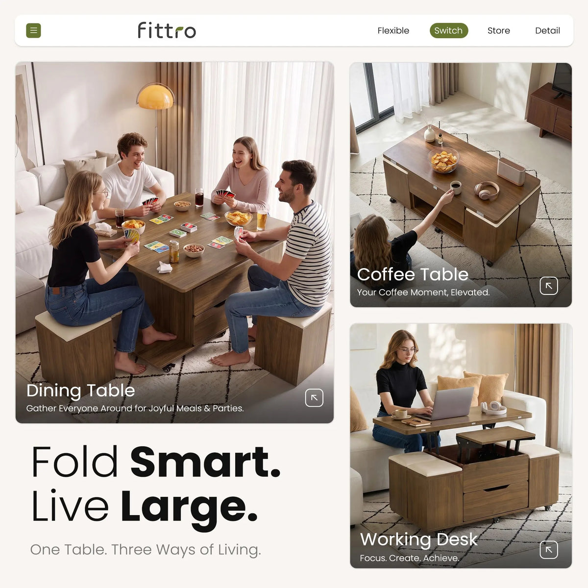 Fittro 3-in-1 Lift Top Coffee Table with 4 Chairs, Dining Table Work Desk Built-in Storage, Hydraulic Swivel, Lockable Castors, Space-Saving for Living Rooms & Flats, Apartments  - Image 6