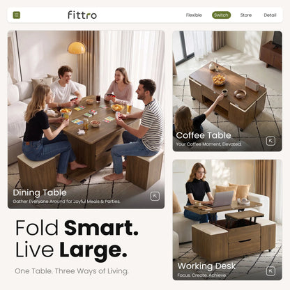 Fittro 3-in-1 Lift Top Coffee Table with 4 Chairs, Dining Table Work Desk Built-in Storage, Hydraulic Swivel, Lockable Castors, Space-Saving for Living Rooms & Flats, Apartments  - Image 6