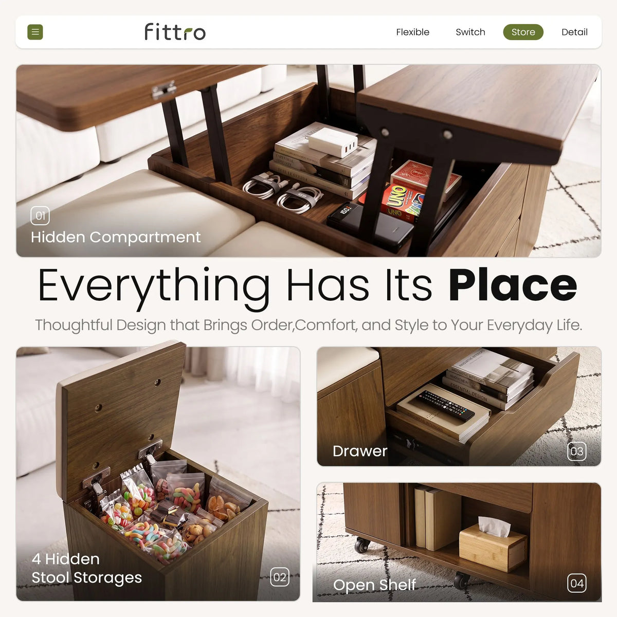 Fittro 3-in-1 Lift Top Coffee Table with 4 Chairs, Dining Table Work Desk Built-in Storage, Hydraulic Swivel, Lockable Castors, Space-Saving for Living Rooms & Flats, Apartments  - Image 7