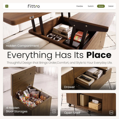 Fittro 3-in-1 Lift Top Coffee Table with 4 Chairs, Dining Table Work Desk Built-in Storage, Hydraulic Swivel, Lockable Castors, Space-Saving for Living Rooms & Flats, Apartments  - Image 7