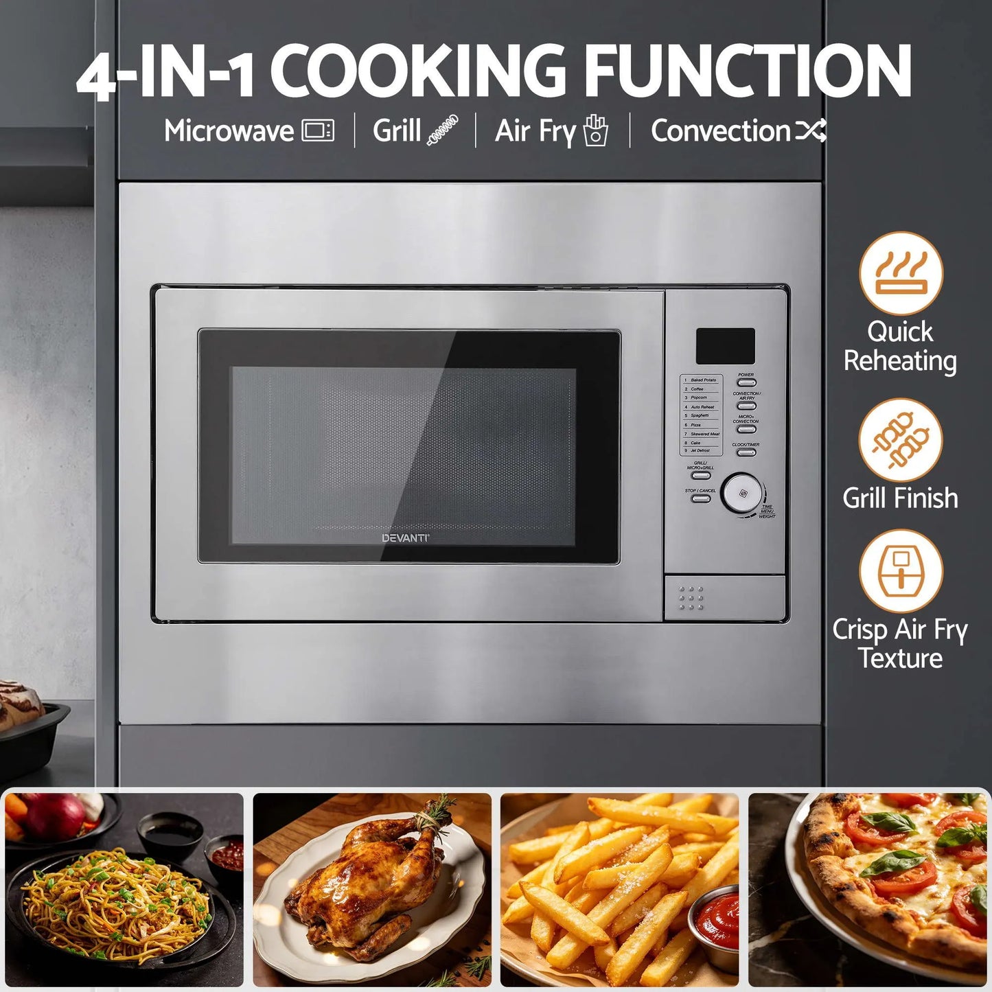 Devanti Built In Microwave Oven 30L Grill Air Fry Convection Silver - Image 4