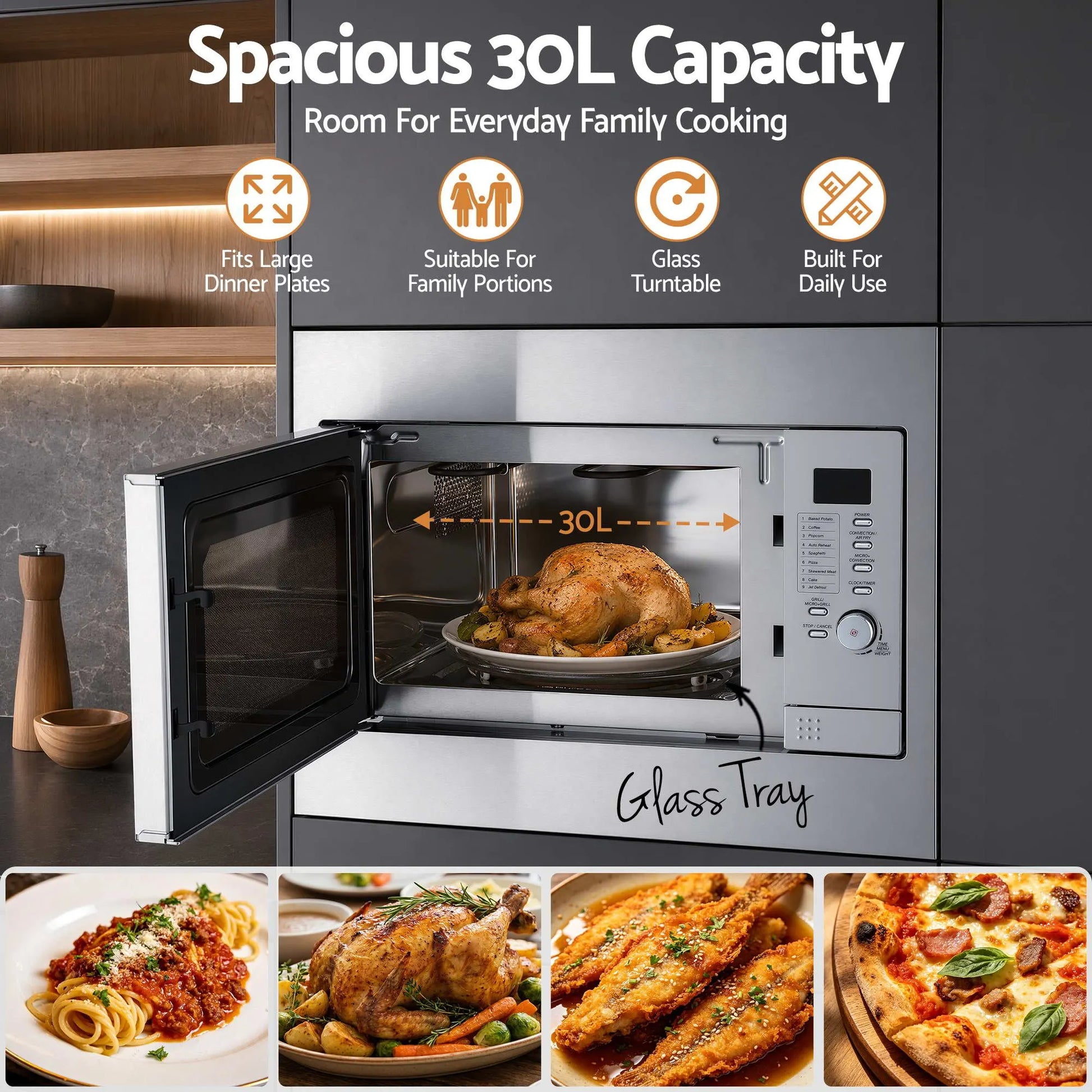 Devanti Built In Microwave Oven 30L Grill Air Fry Convection Silver - Image 5