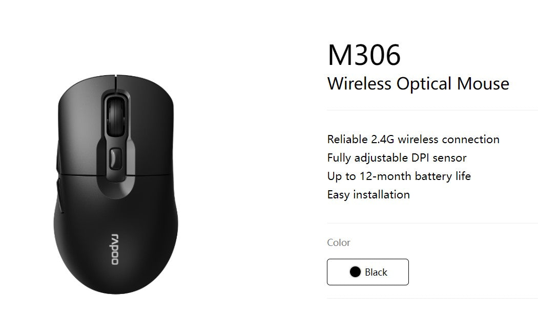 RAPOO M306 2.4 Wireless Optical Mice with Side FWD and Back Buttons. 12 Months Long Battery Life,...