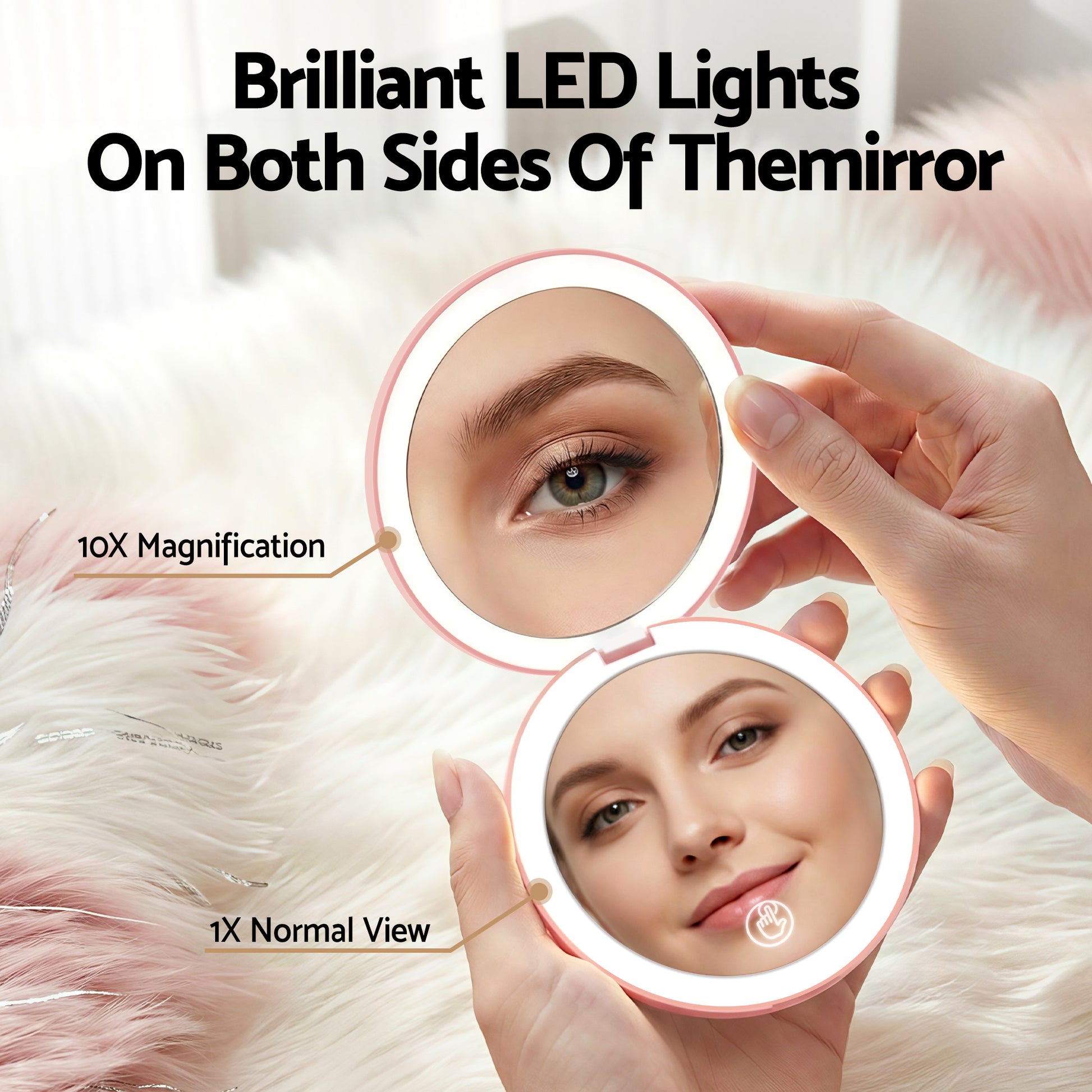 Embellir LED Compact Mirror Lighted Travel Makeup Mirror Pocket-Sized 1x 10x Magnification Round Pink - Image 4