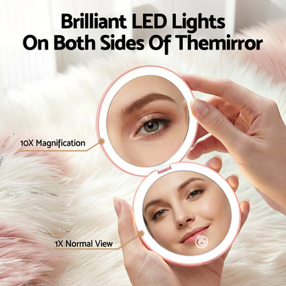 Embellir LED Compact Mirror Lighted Travel Makeup Mirror Pocket-Sized 1x 10x Magnification Round Pink - Image 4