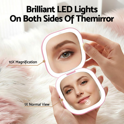 Embellir LED Compact Mirror Lighted Travel Makeup Mirror Pocket-Sized 1x 10x Magnification Square Pink - Image 4