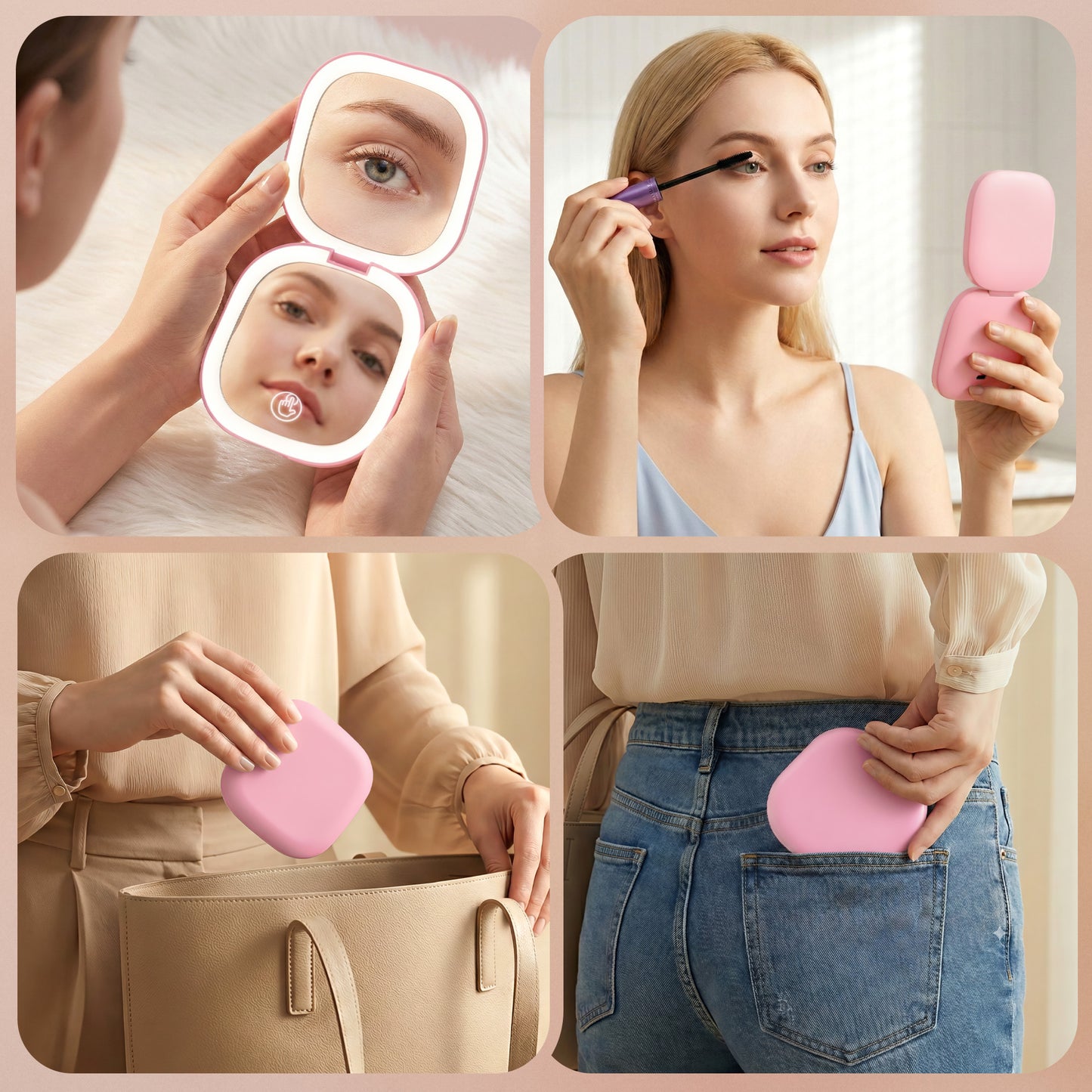 Embellir LED Compact Mirror Lighted Travel Makeup Mirror Pocket-Sized 1x 10x Magnification Square Pink - Image 8