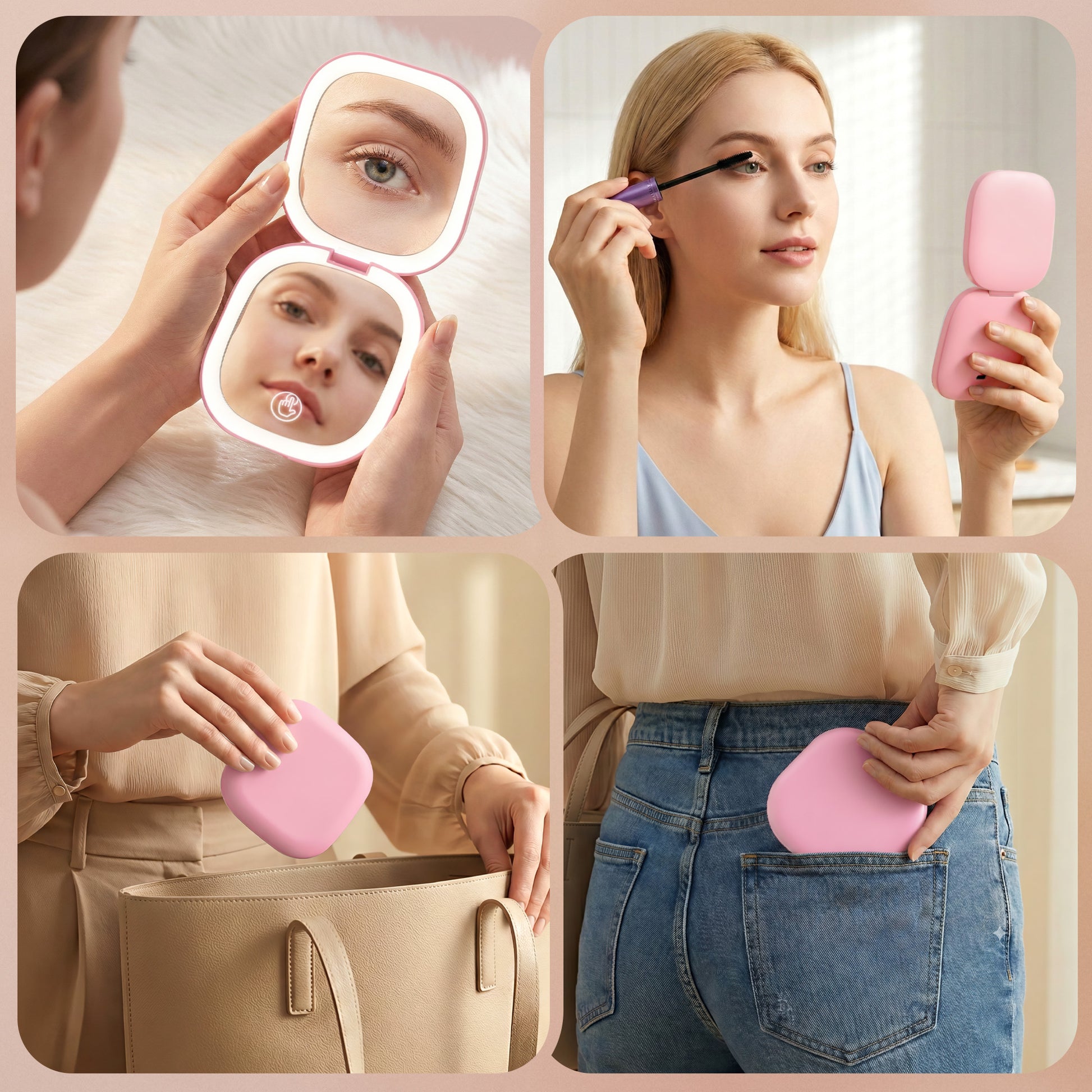 Embellir LED Compact Mirror Lighted Travel Makeup Mirror Pocket-Sized 1x 10x Magnification Square Pink - Image 8