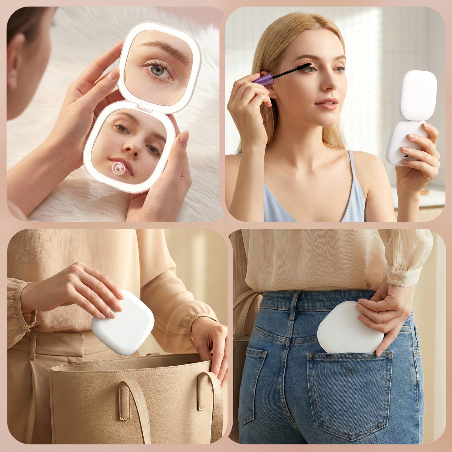 Embellir LED Compact Mirror Lighted Travel Makeup Mirror Pocket-Sized 1x 10x Magnification Square White - Image 8