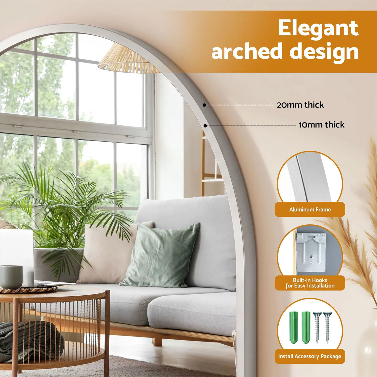 Embellir Arch Wall Mirror, Decorative Silver Frame Mirrors, 86x81cm Bathroom Vanity Mirror, Slim Frame for Living Room Entryway Bedroom Decor - Image 3