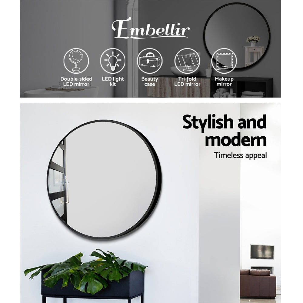 Embellir 2 Wall Mirror Makeup 70cm Home Decor Framed Mirrors Bathroom Round Black - Image 4