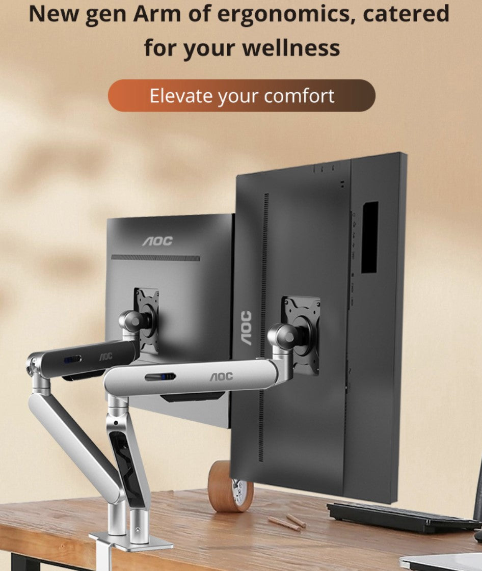 (LS)AOC AM420S Dual Mount Sliver 2-9kg per Arm, 17-34' VESA 75 and 100. Clamp and Grommet mount,...