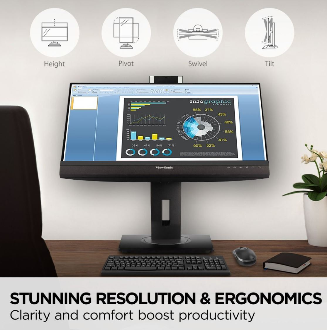 ViewSonic 27' Webcam w/ 2 way Noise reduction, IPS 2K QHD, USB-C 90W, Docking. HDMI, DP, RJ45, Advance Replacement, Business Monitor