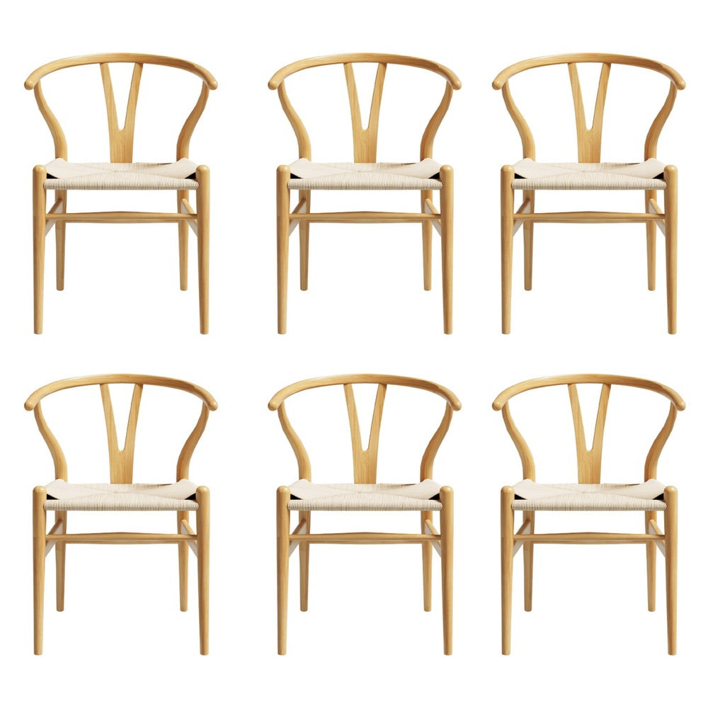 1 Set of 6 Artiss Dining Chairs Wooden Rattan Seat Wishbone Back - Image 3