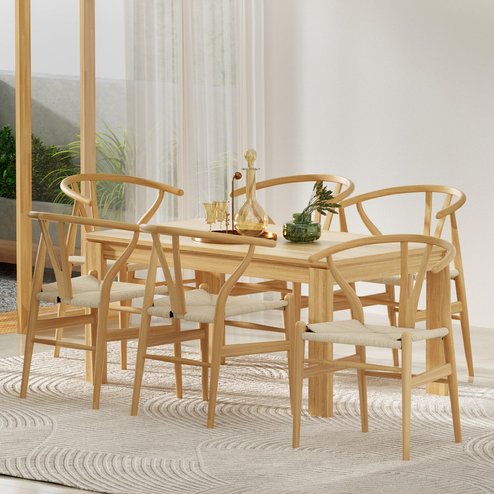1 Set of 6 Artiss Dining Chairs Wooden Rattan Seat Wishbone Back - Image 7