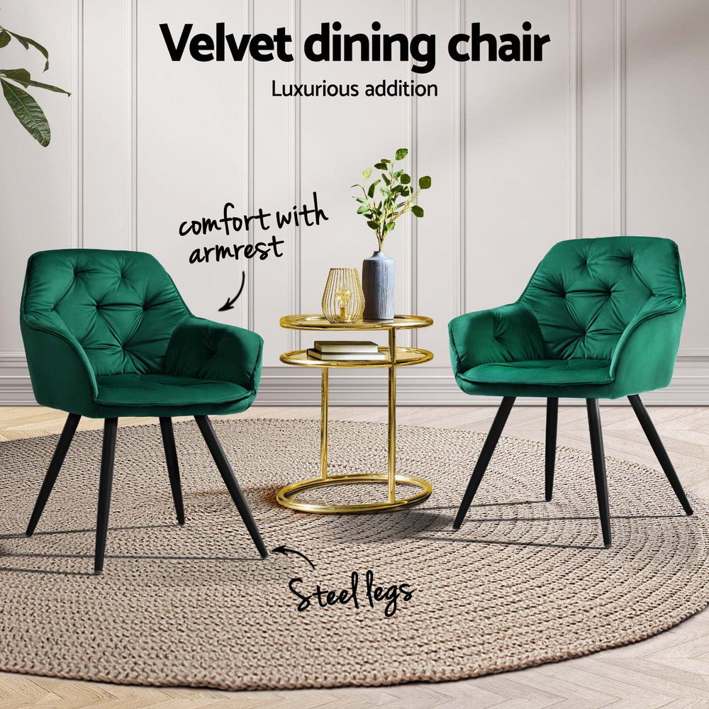 Artiss Dining Chairs Set of 4 Velvet Diamond Tufted Armchair Green - Image 4
