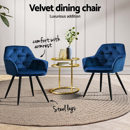 Artiss Dining Chairs Set of 4 Velvet Diamond Tufted Armchair Blue - Image 4