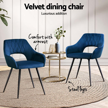 Artiss Dining Chairs Set of 4 Velvet Hollow Armchair Blue - Image 4