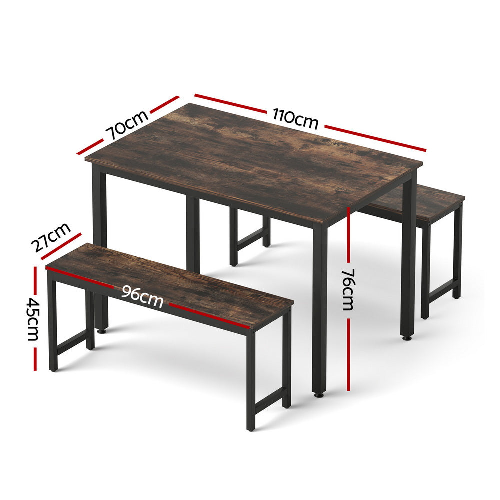 Artiss Dining Table and Chairs Set 3PCS Kitchen Metal Desk Bench Dark Walnut - Image 2