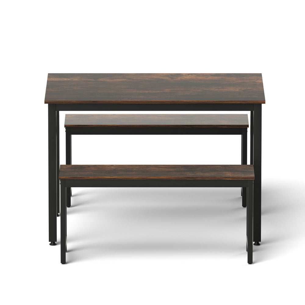 Artiss Dining Table and Chairs Set 3PCS Kitchen Metal Desk Bench Dark Walnut - Image 3