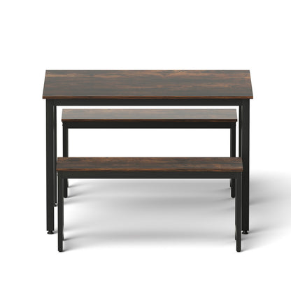 Artiss Dining Table and Chairs Set 3PCS Kitchen Metal Desk Bench Dark Walnut - Image 3