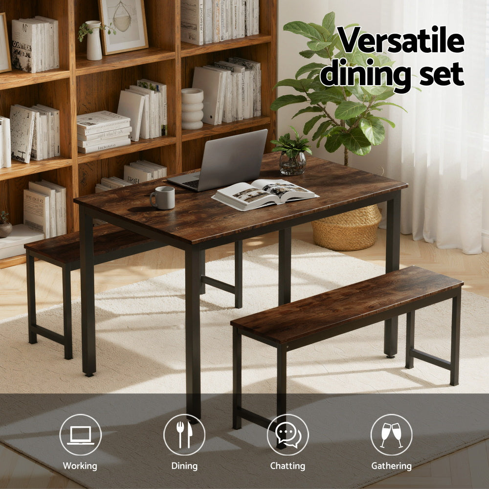 Artiss Dining Table and Chairs Set 3PCS Kitchen Metal Desk Bench Dark Walnut - Image 4