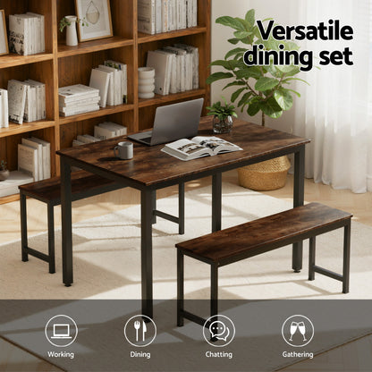 Artiss Dining Table and Chairs Set 3PCS Kitchen Metal Desk Bench Dark Walnut - Image 4